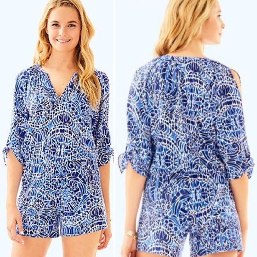 Lilly Pulitzer Bryce Romper in Bright Navy Taverna Tile Allover
